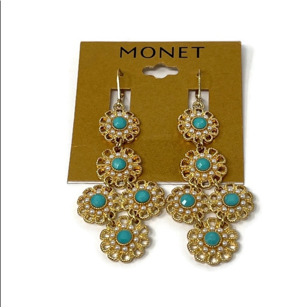 ✨NWT✨Hard to Find MONET Gold Tone Faux Turquoise Chandelier Statement Earrings